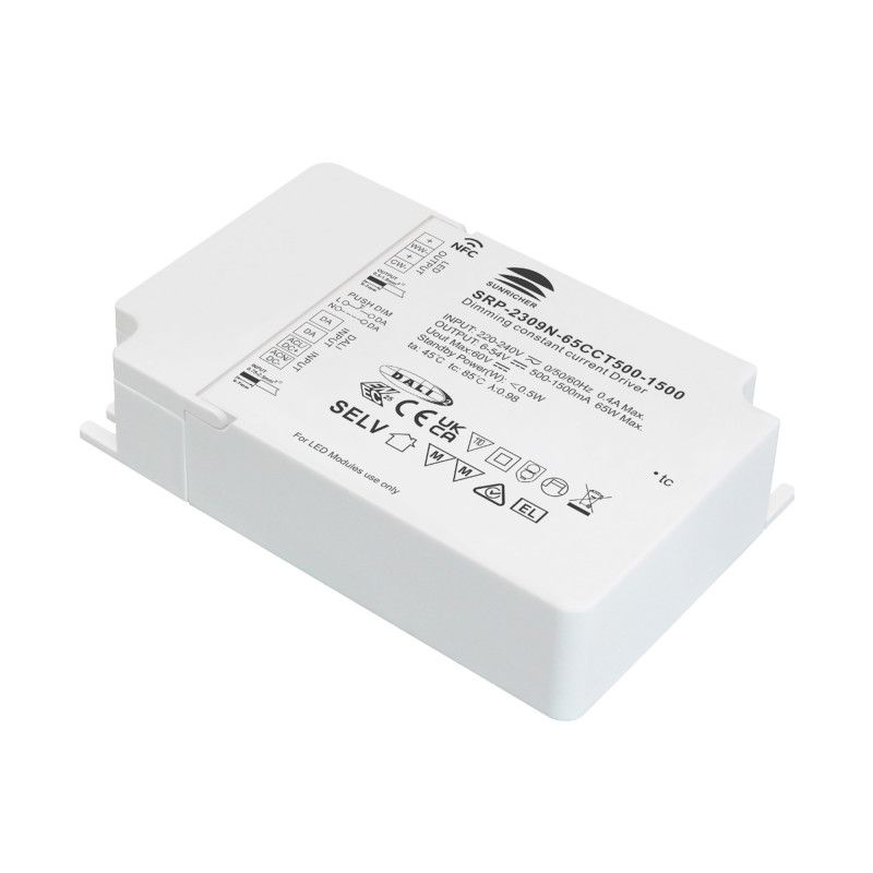 DALI dimmable DT8 CCT driver 220-240V - Output 6-54V DC - 500-1500mA - 65W