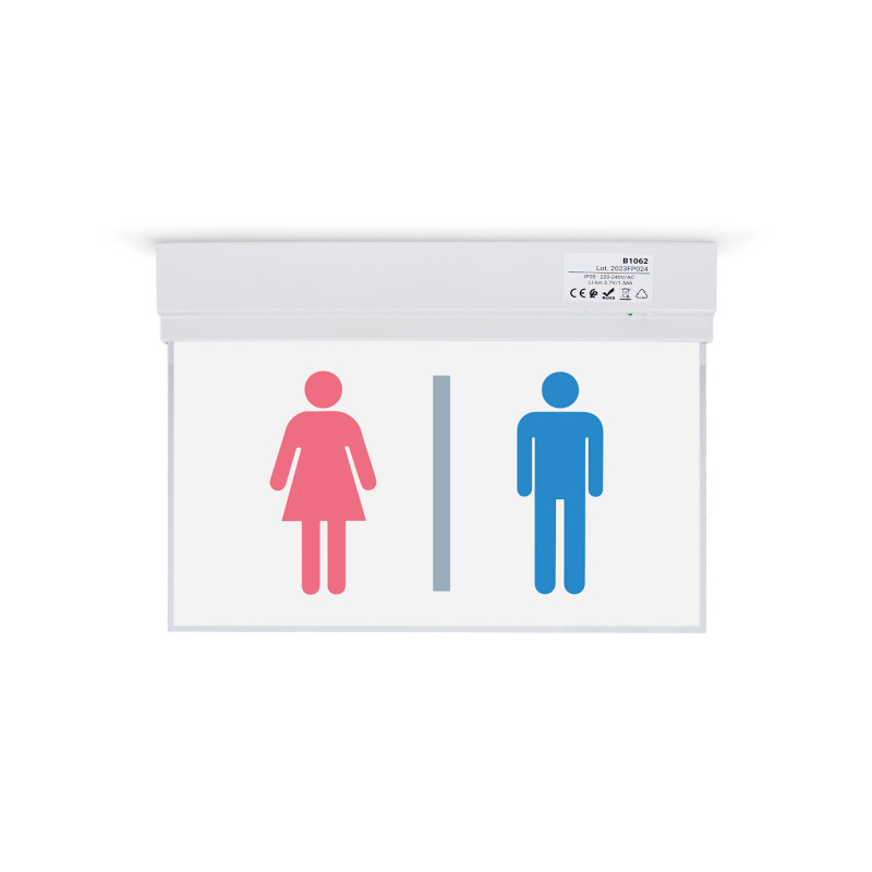 Hanging permanent emergency light with "Toilets" pictogram