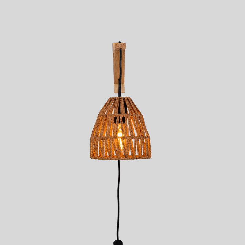 Wooden wall sconce with woven paper lampshade - "Leo" Wooden wall sconce with woven paper lampshade - "Leo"