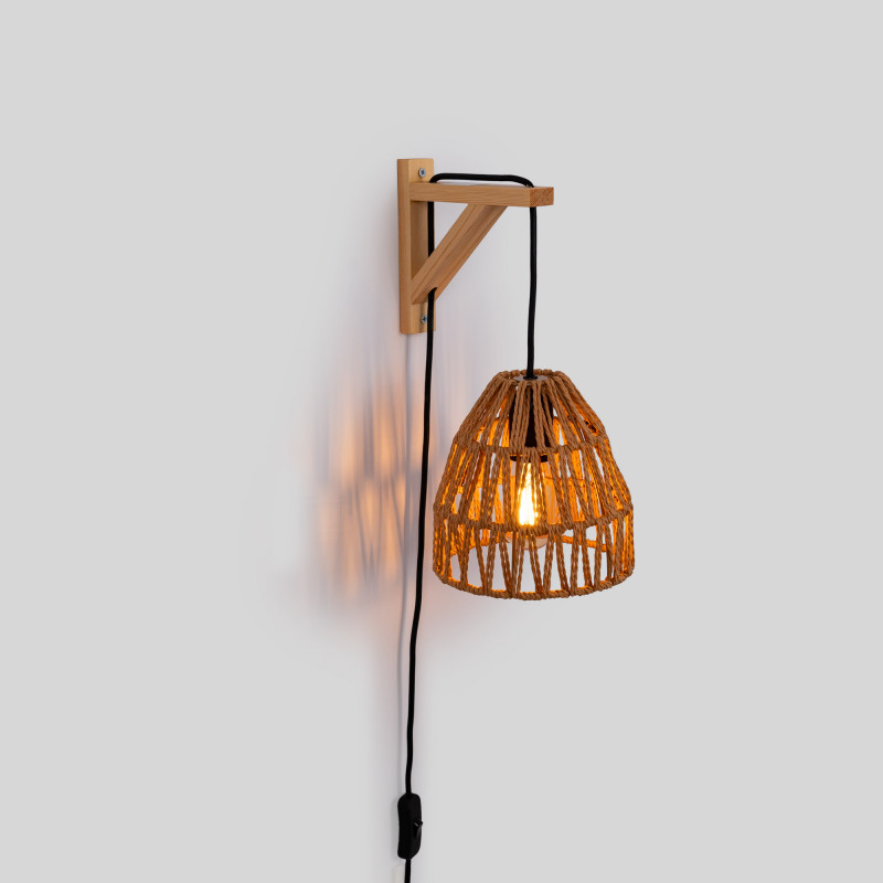 Wooden wall sconce with woven paper lampshade - "Leo" Wooden wall sconce with woven paper lampshade - "Leo"