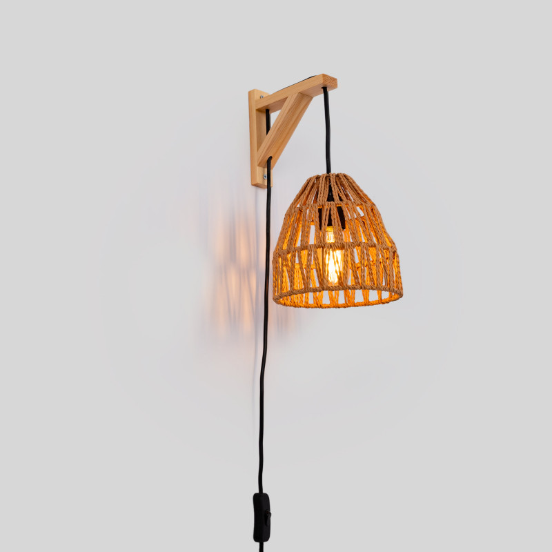 Wooden wall sconce with woven paper lampshade - "Leo" Wooden wall sconce with woven paper lampshade - "Leo"