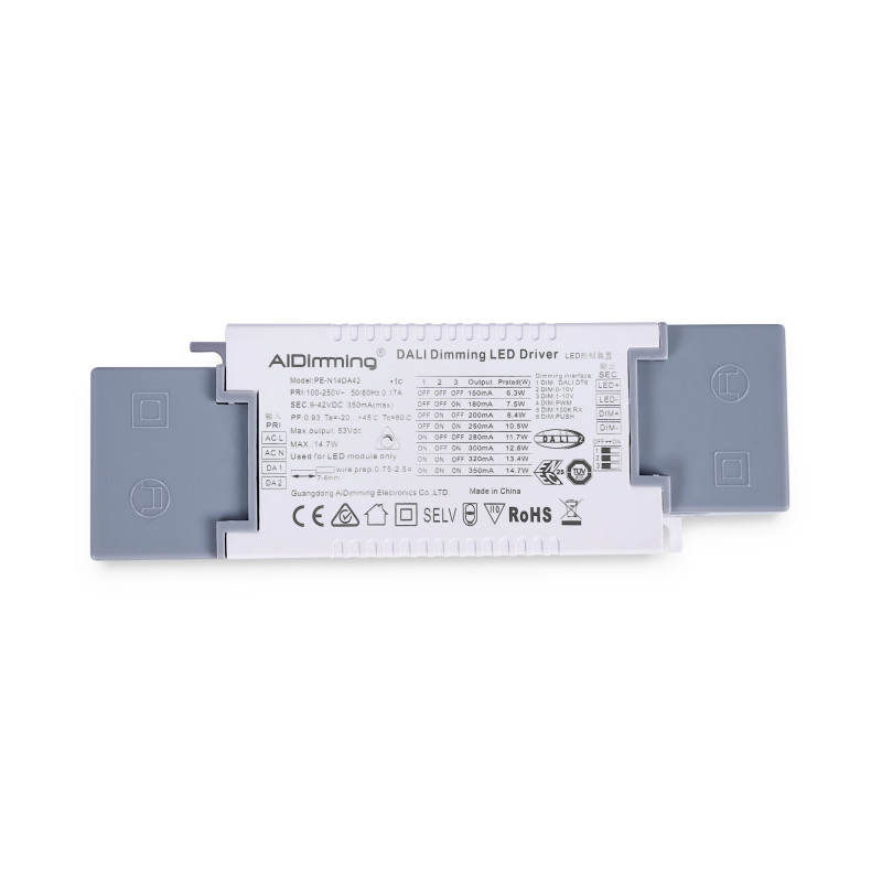 DALI + 1/0-10V + PUSH dimmable driver - 9-42V DC - Multi current (150-350mA)