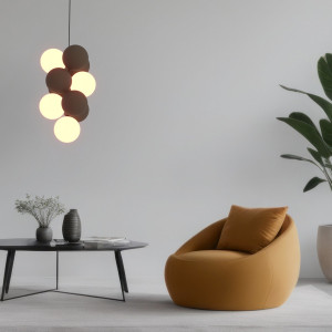 Acoustic vertical pendant lamp "DRAC" - 4 luminous spheres and 6 sound absorbing spheres