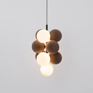 Acoustic vertical pendant lamp "DRAC" - 4 luminous spheres and 6 sound absorbing spheres