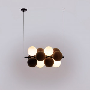 Acoustic horizontal pendant lamp "DRAC" - 4 luminous spheres and 8 sound absorbing spheres