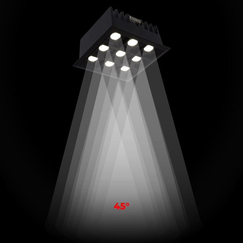 Recessed square LED downlight - 18W - 9 Spotlights - UGR18 - CRI90 - OSRAM Chip - Black