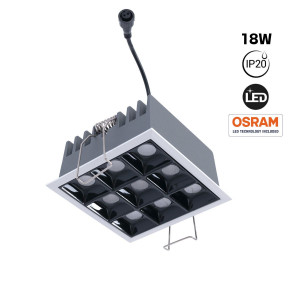 Recessed square LED downlight - 18W - 9 Spotlights - UGR18 - CRI90 - OSRAM Chip - White