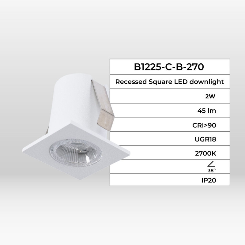 Recessed square LED downlight - 2W - Osram Chip - UGR18 - Cutout Ø 25mm - White Recessed square LED downlight - 2W - Osram Chip - UGR18 - Cutout Ø 25mm - White