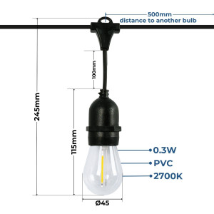 Solar string light - 15 E27 LED Filament Bulbs - IP44 - 10 metres