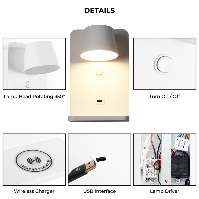 Wall light with USB port "BASKOP W" - 6W - Wireless Charging Base Wall light with USB port "BASKOP W" - 6W - Wireless Charging Base