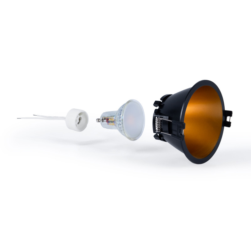 KIT - Recessed downlight ring Ø93mm (black/gold) + 5.4W GU10 Bulb + Socket KIT - Recessed downlight ring Ø93mm (black/gold) + 5.4W GU10 Bulb + Socket