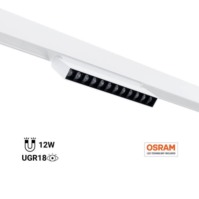 Adjustable linear spotlight for magnetic track 48V- 12W - 4000K - OSRAM Chip - UGR18 - White Adjustable linear spotlight for magnetic track 48V- 12W - 4000K - OSRAM Chip - UGR18 - White