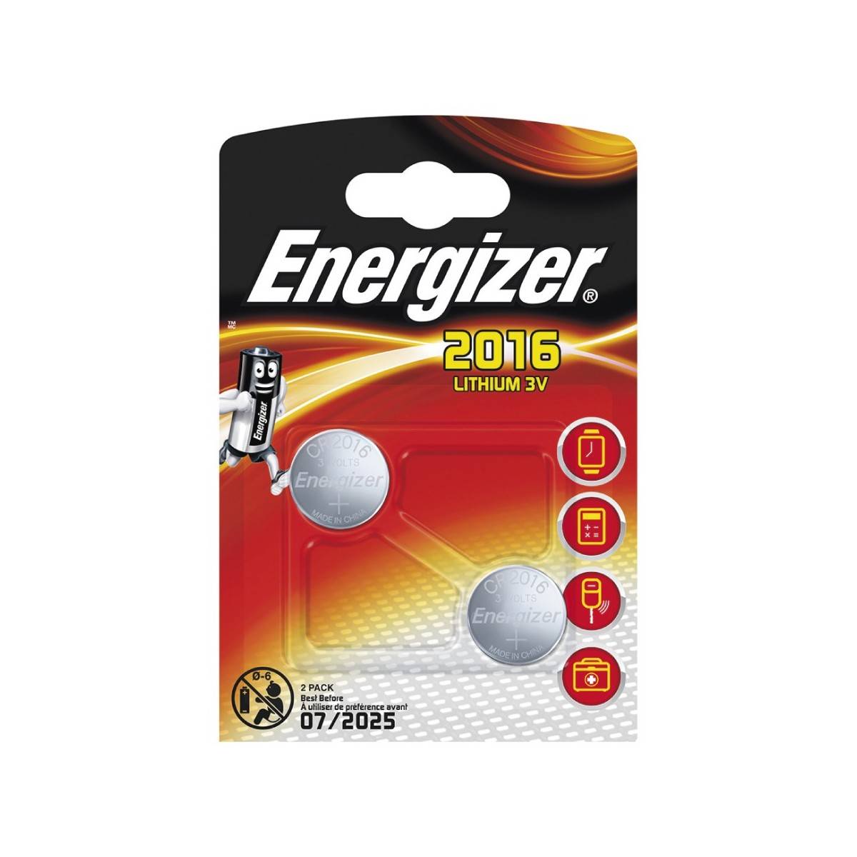 Energizer CR2016 lithium battery, Blister of 2 pcs.