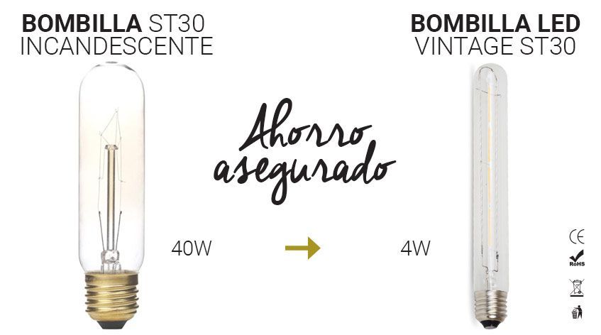 comparativa de ahorro al cambiar bombillas incandescentes vintage ST30 por una de LED