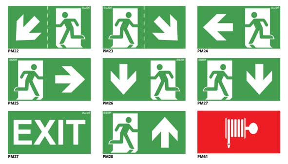 pictogramas de diferentes estilos para luminarias de emergencia LED