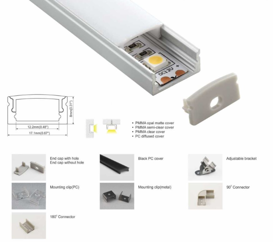 Perfil para tira led extrusionado de aluminio de superficie 17x8mm