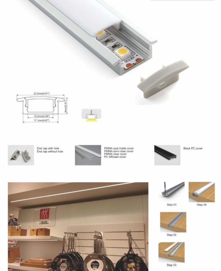 Perfil de aluminio empotrable parede de 23x8mm (2mt)