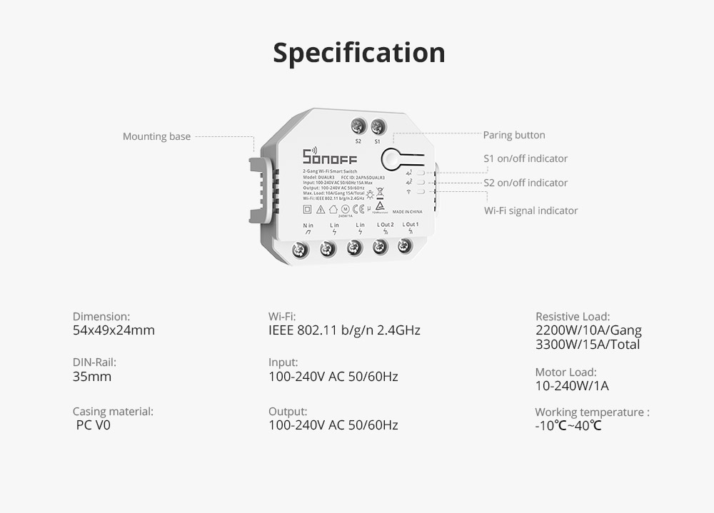 Sonoff Dual R3 Interruptor Doble, controlador wifi programable e  Inteligente para Persianas