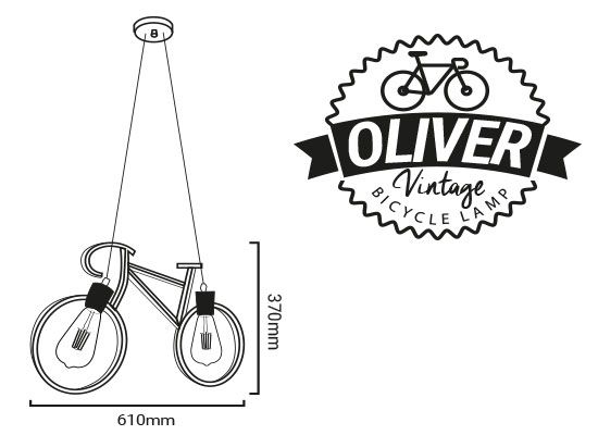 medidas y etiqueta de la lámpara en forma de bicicleta oliver