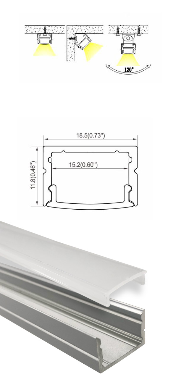 Perfil de aluminio empotrable 18x12mm para tira led 15mm