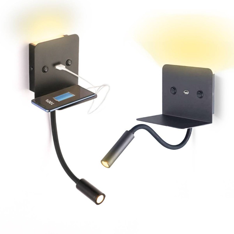 Lampada da parete da lettura LED "SLANGE" da 3W, orientabile e con base di ricarica USB