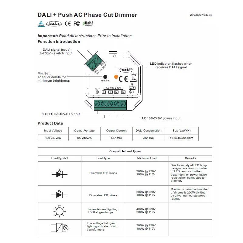 Controller moncolore DALI e PUSH Dimmer - 400W - 1 canale - 100-240V AC - Sunricher