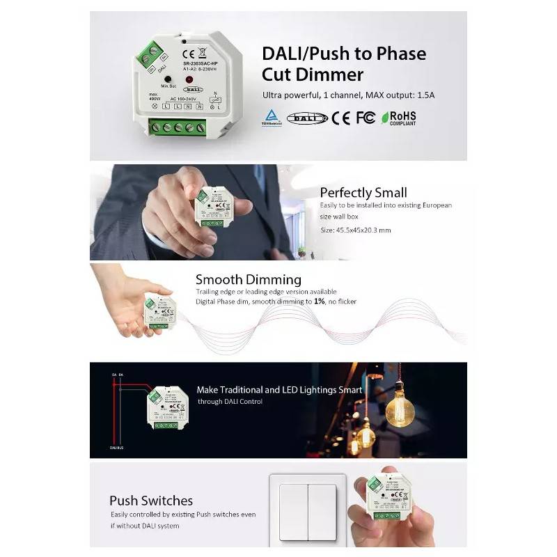 Controller moncolore DALI e PUSH Dimmer - 400W - 1 canale - 100-240V AC - Sunricher