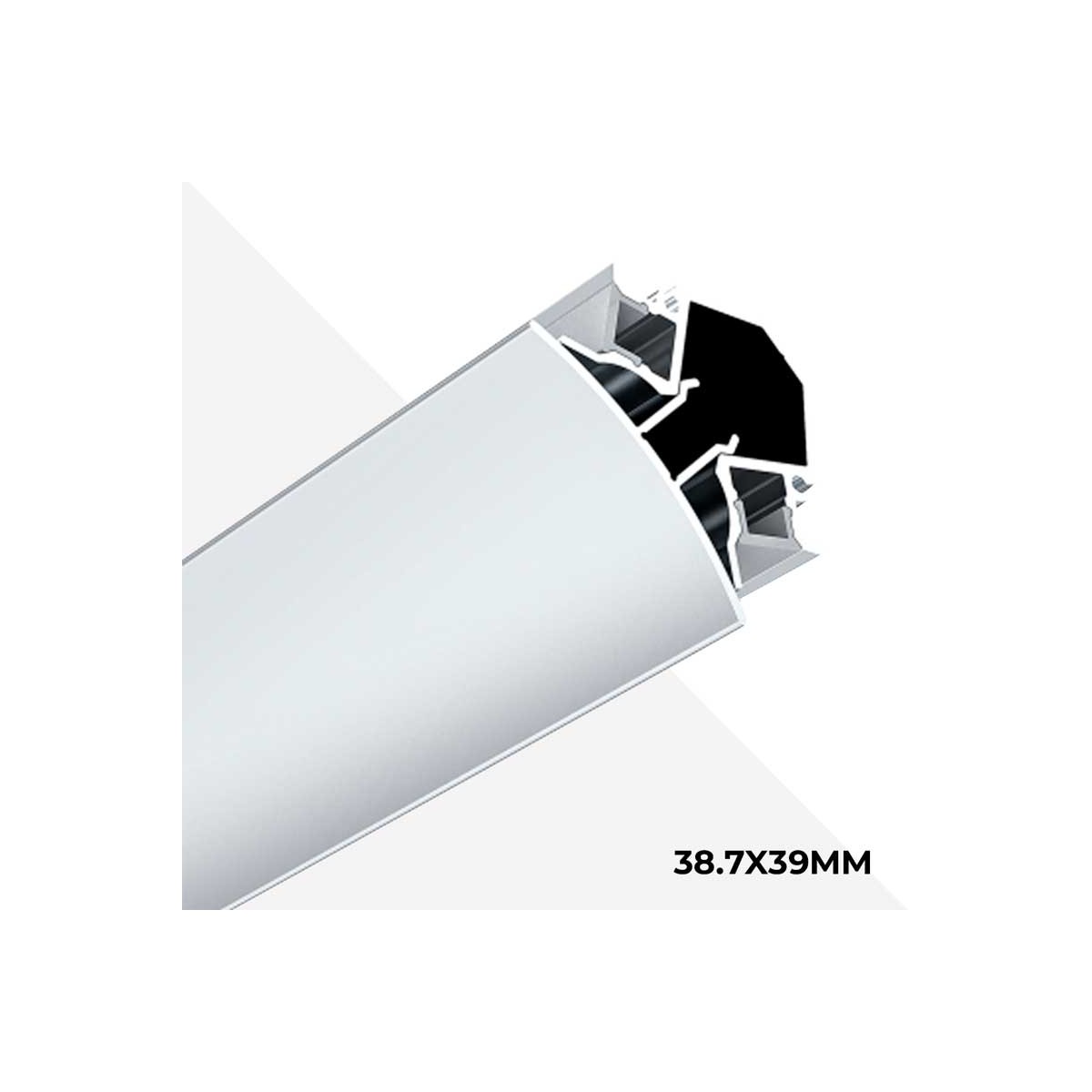 Il profilo angolare in alluminio 38,7x39 mm con strisce LED garantisce una doppia illuminazione di pareti e soffitti.