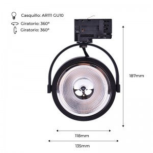 Faretto trifase a binario LED nero AR111 GU10