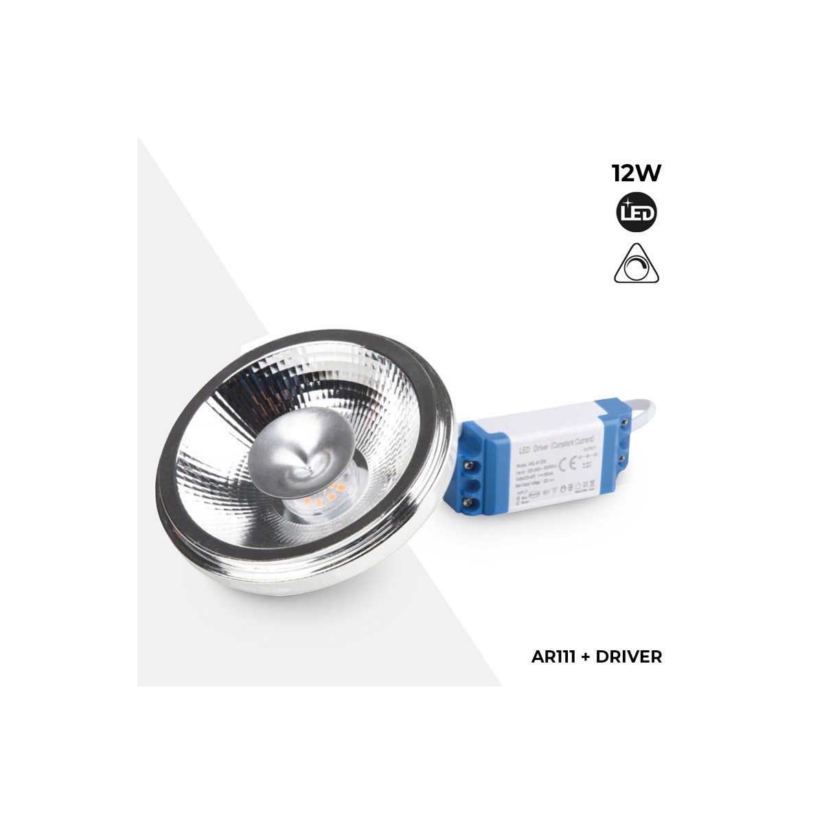 Lampadina LED AR111 12W dimmerabile con driver esterno Angolo 12°.