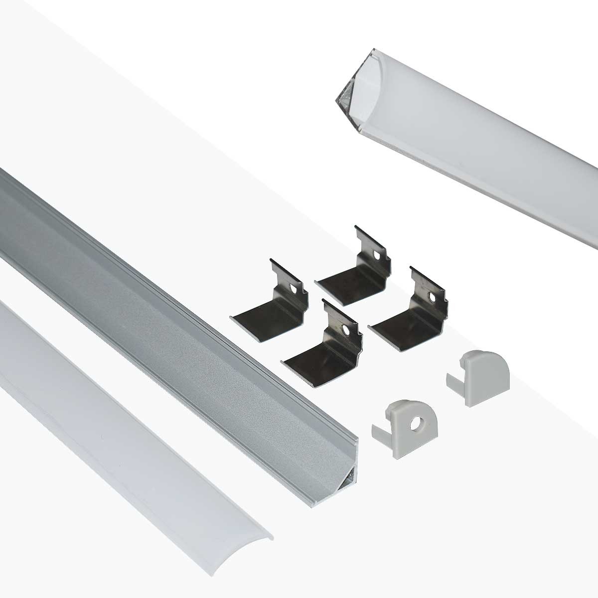 Profilo angolare in alluminio per striscia LED con diffusore - 4 morsetti -  2 tappi - 16x16mm - 2 metri