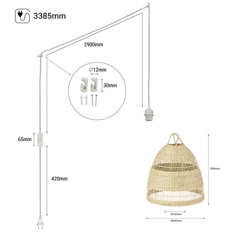 Lampada a sospensione in vimini "Ikken" con interruttore e spina Lampada a sospensione in vimini "Ikken" con interruttore e spina