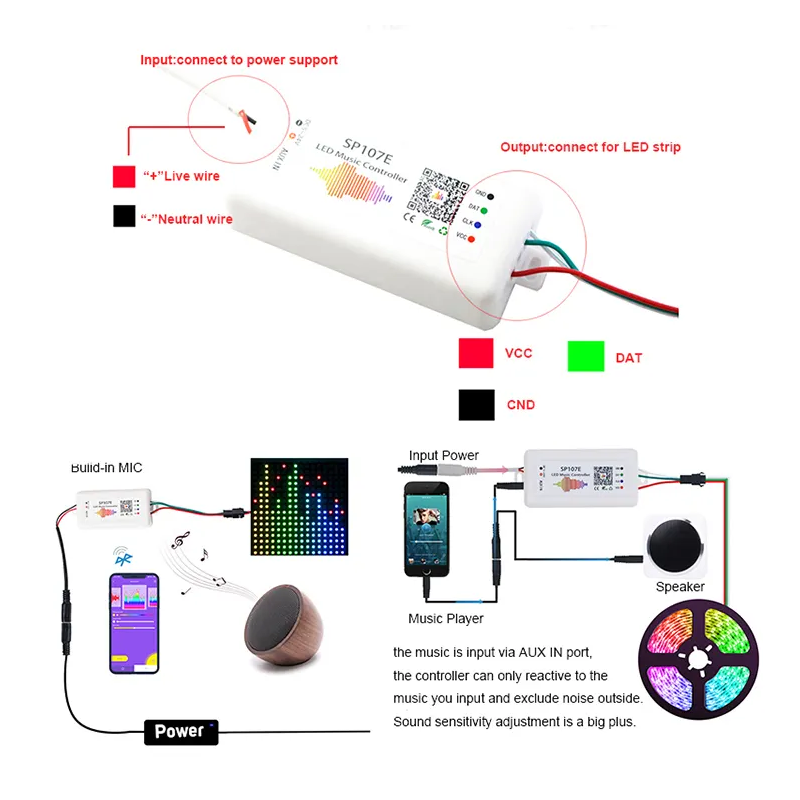 Controller musicale LED IC Pixel RGB/RGBW Bluetooth - 5-24V DC - 2048 pixel