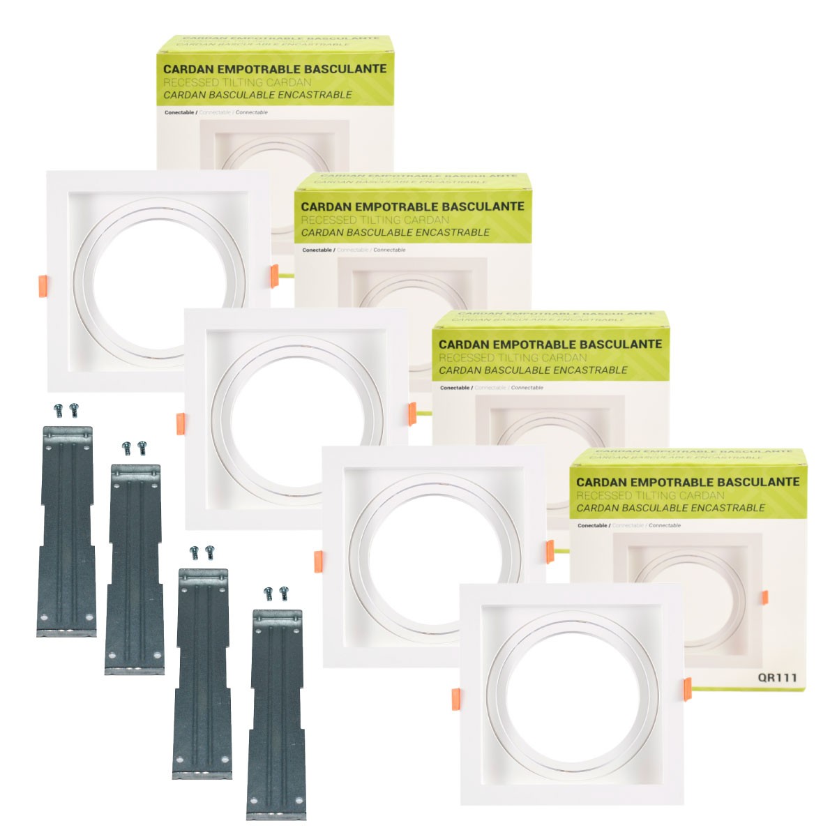 Pack x 4 - Anello per downlight di tipo cardanico quadrato per lampadina QR111 o AR111 - Taglio 155 x 155 mm