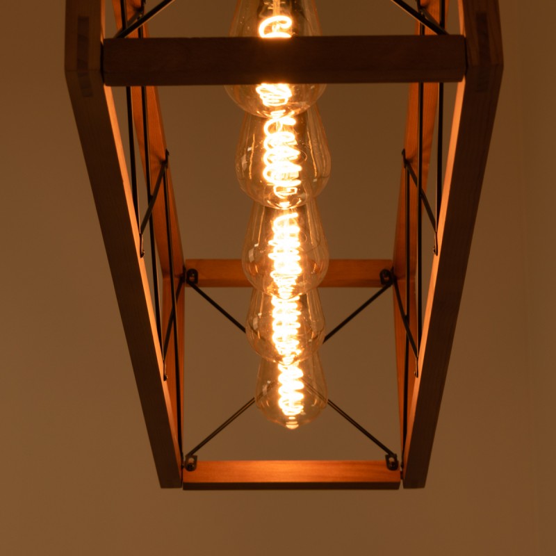 Lampada a sospensione vintage in legno e metallo "Sisca" - 5xE27