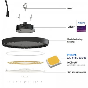 Campana LED industriale - Driver PHILIPS - 150W - 160lm/W - Chip PHILIPS - Dimmerabile 1-10V - IP65