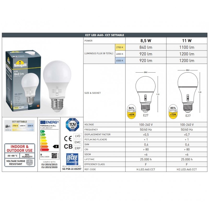 Lampadina LED E27 A60 - 8,5W - CCT - Fumagalli Lampadina LED E27 A60 - 8,5W - CCT - Fumagalli