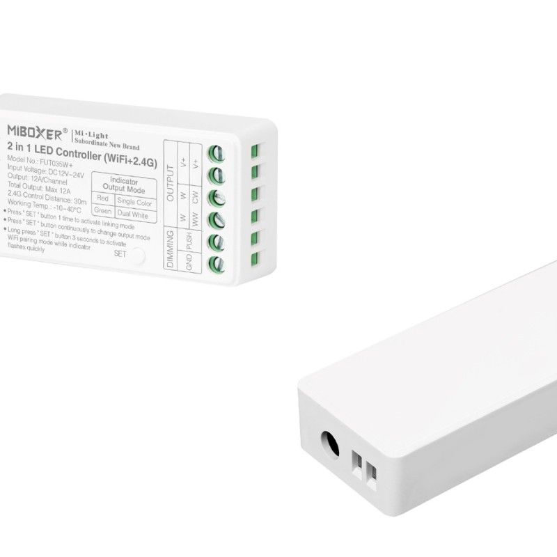 Controller per strisce LED 2 in 1- Monocolore - Dual white - 12/24V DC - 2.4G - WiFi - MiBoxer - FUT035W+ Controller per strisce LED 2 in 1- Monocolore - Dual white - 12/24V DC - 2.4G - WiFi - MiBoxer - FUT035W+