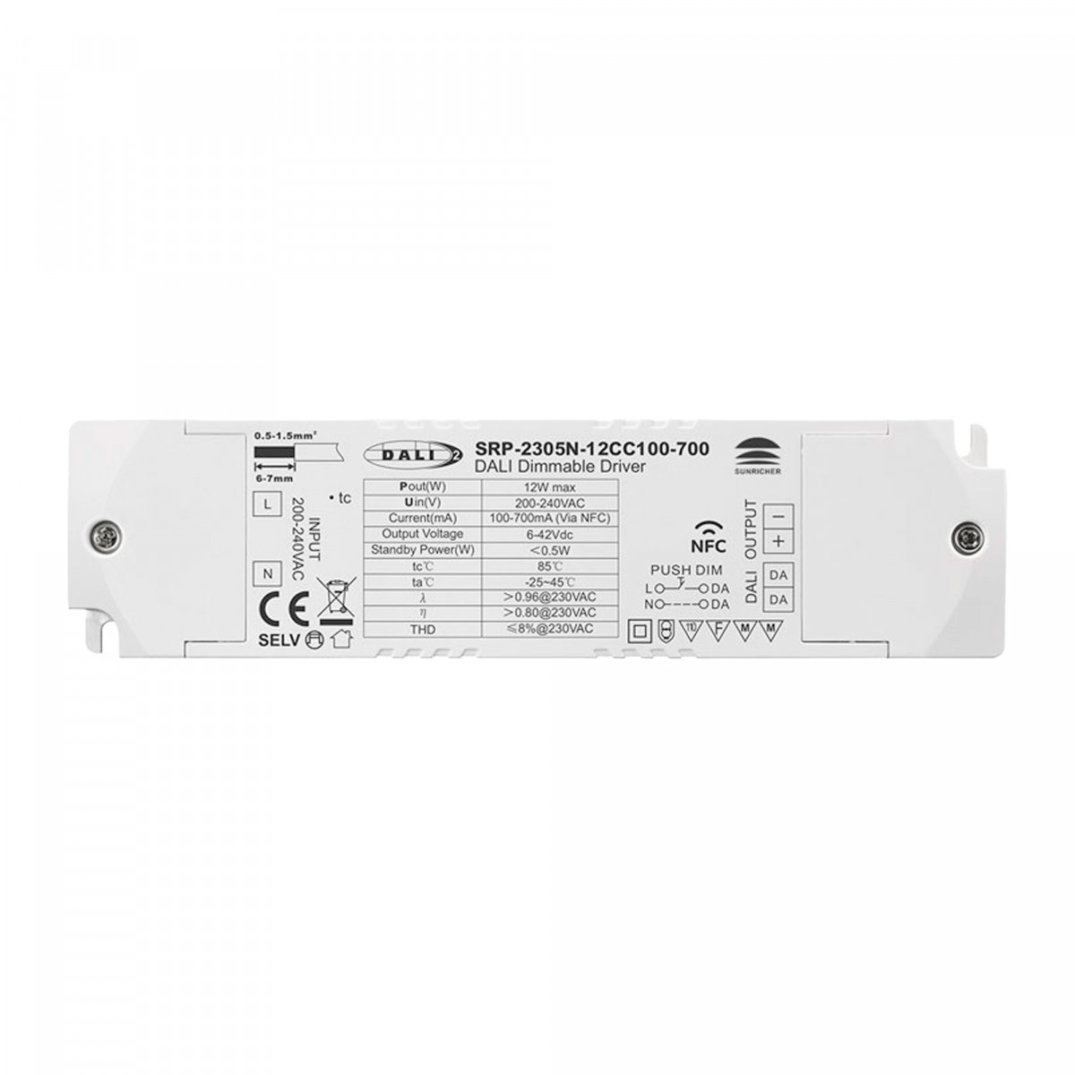 Driver dimmerabile DALI DT6 monocolore 220-240V - Uscita 6-42V DC - 100-700mA - 12W