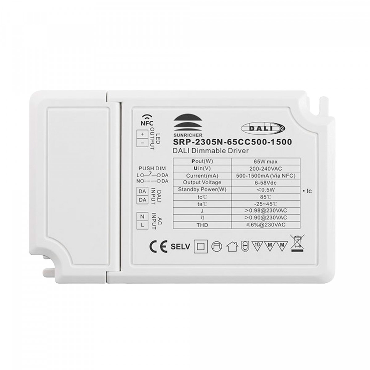 Driver dimmerabile DALI DT6 monocolore 220-240V - Uscita 6-58V DC - 500-1500mA - 65W