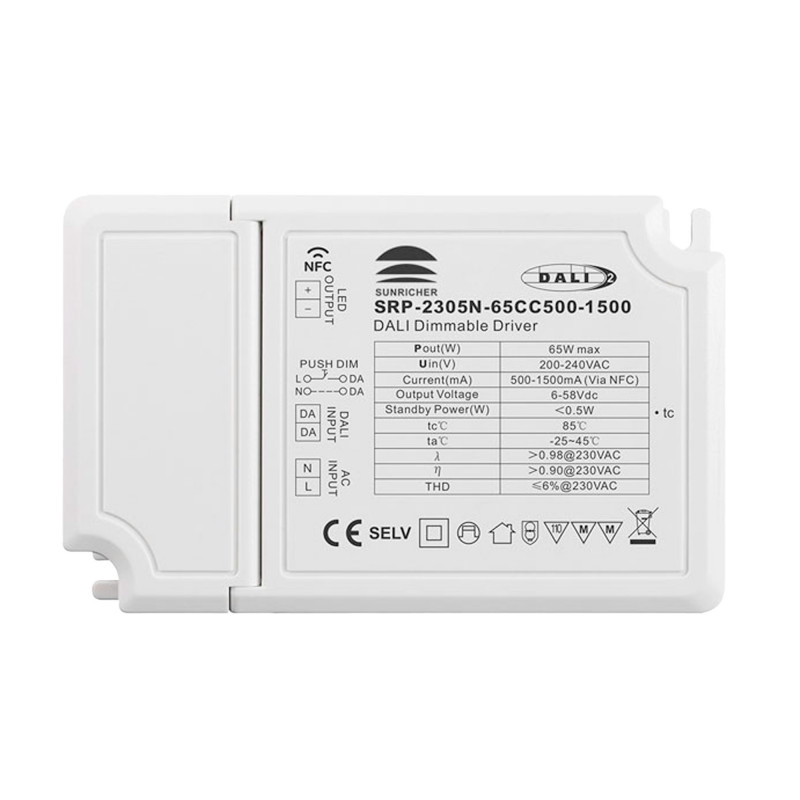 Driver dimmerabile DALI DT6 monocolore 220-240V - Uscita 6-58V DC - 500-1500mA - 65W