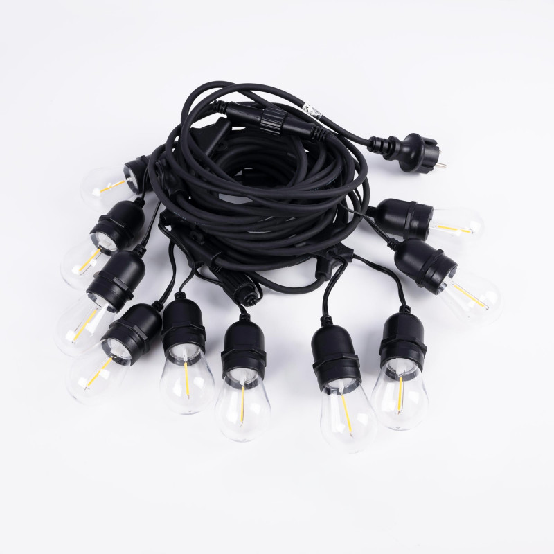 Kit ghirlanda luminosa 11,5 metri + 10 lampadine LED E27 filamento 1W - IP65 - Bianco caldo Kit ghirlanda luminosa 11,5 metri + 10 lampadine LED E27 filamento 1W - IP65 - Bianco caldo