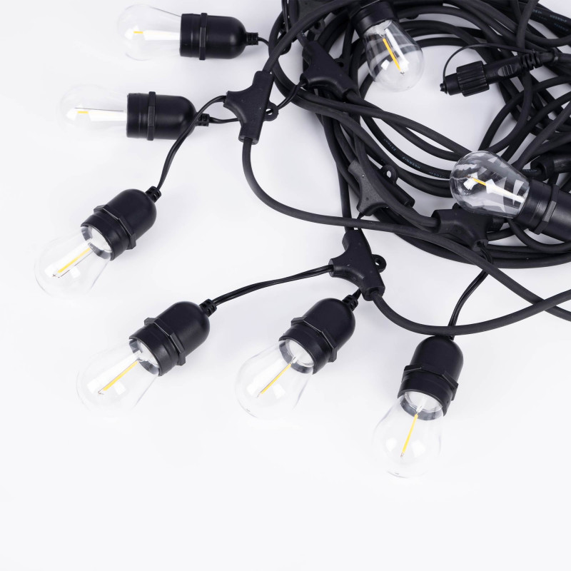 Kit ghirlanda luminosa 11,5 metri + 10 lampadine LED E27 filamento 1W - IP65 - Bianco caldo Kit ghirlanda luminosa 11,5 metri + 10 lampadine LED E27 filamento 1W - IP65 - Bianco caldo