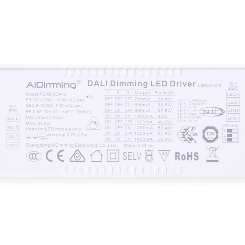 Driver dimmerabile DALI + 1/0-10V + PUSH - 9-42V DC - 58W - Multi corrente (700-1400mA)