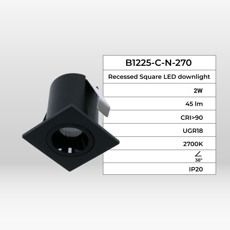 Downlight LED quadrato da incasso 2W - Chip Osram - UGR18 - Taglio Ø 25mm - Nero Downlight LED quadrato da incasso 2W - Chip Osram - UGR18 - Taglio Ø 25mm - Nero