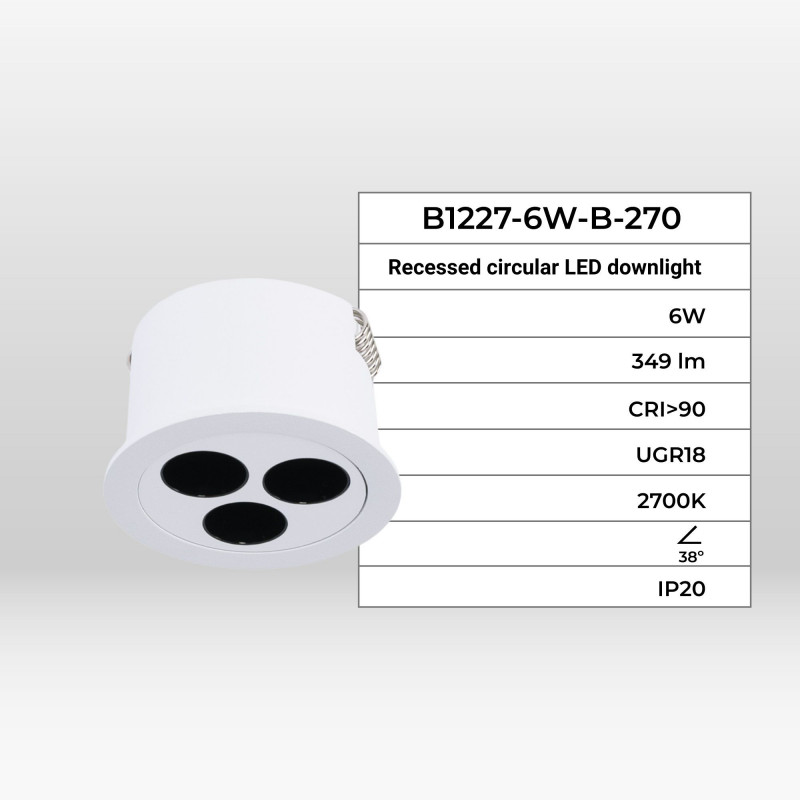 Downlight LED rotondo da incasso 6W - UGR18 - Taglio Ø 55 mm - Bianco Downlight LED rotondo da incasso 6W - UGR18 - Taglio Ø 55 mm - Bianco