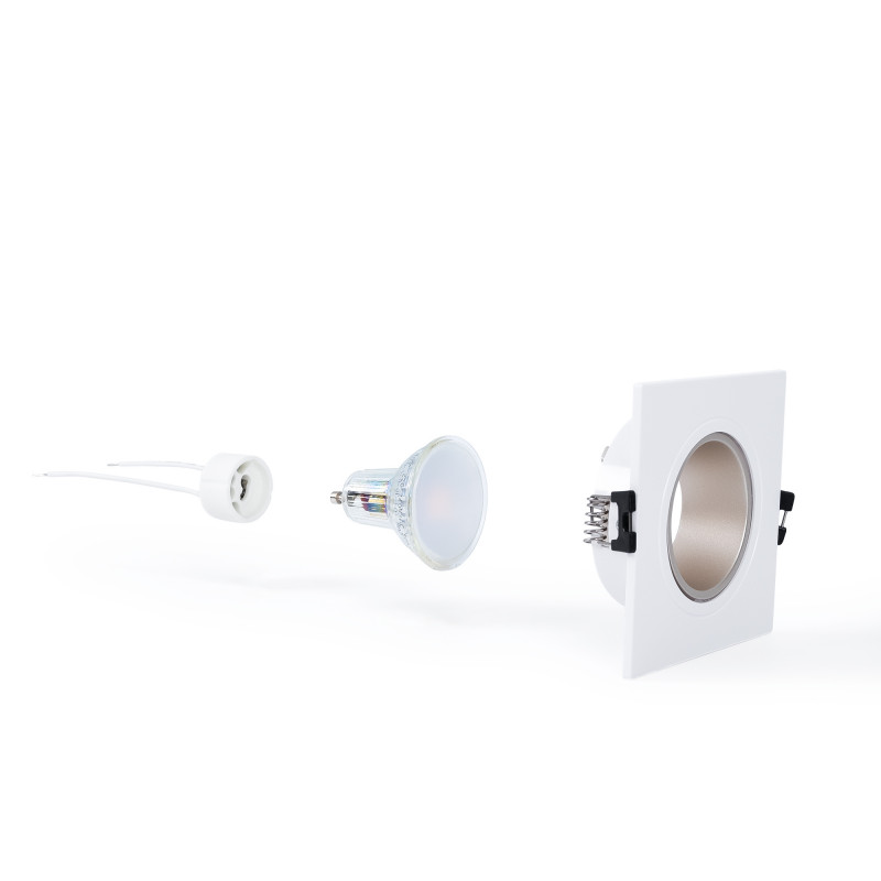 KIT Anello downlight quadrato 93x93mm (bianco/champagne) + Lampadina GU10 5,4W + Portalampada KIT Anello downlight quadrato 93x93mm (bianco/champagne) + Lampadina GU10 5,4W + Portalampada