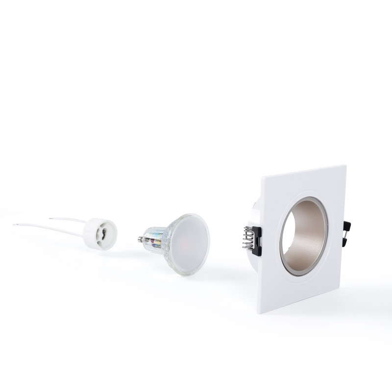 KIT Anello downlight quadrato 93x93mm (bianco/champagne) + Lampadina GU10 5,4W + Portalampada KIT Anello downlight quadrato 93x93mm (bianco/champagne) + Lampadina GU10 5,4W + Portalampada
