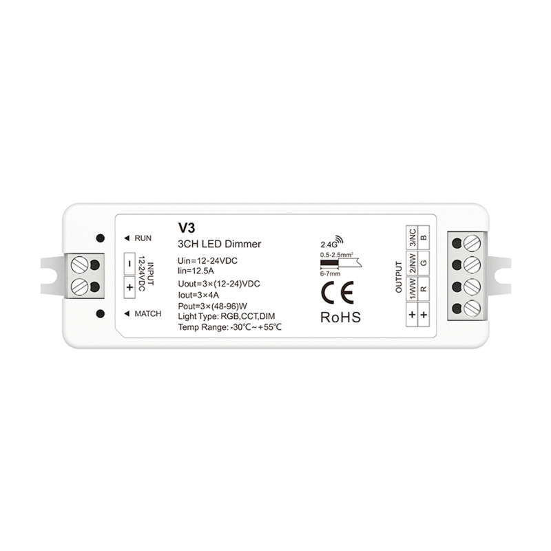 Controller monocolore / CCT / RGB 12-24V DC - 3 canali - 4A/canale - RF 2,4GHz - Skydance