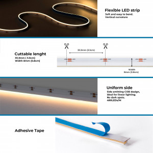 Striscia LED COB monocolore 24V DC - Emissione laterale - 9W/m - 8mm - IP20 - Taglio 3cm - Rotolo da 5 metri